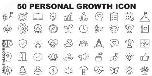 Personal Growth icon set. Containing self improvement, skill development, motivation arrow, human mind, success level, and more. Editable stroke. Vector illustration