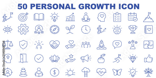 Personal Growth icon set. Containing self improvement, skill development, motivation arrow, human mind, success level, and more. Editable stroke. Vector illustration