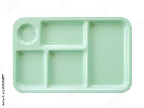 Light green plastic lunch tray with divided sections for school cafeteria food service and healthy meal prep isolated on transparent background