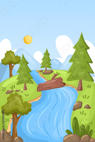  scenic illustration of a beautiful river with winding blue waters flowing through lush green meadows, dotted with pine trees and fresh green foliage under a clear blue sky