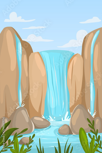 nature background illustration featuring a serene waterfall hidden deep in the forest, surrounded by rocks and Vibrant green bushes 