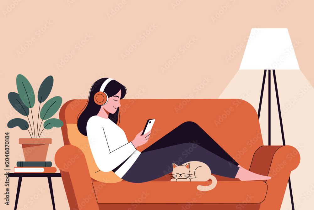 Fototapeta premium Cozy scene of a woman relaxing on a living room sofa with her cat while listening to music and using her smartphone for entertainment.