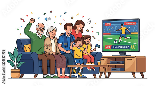 Happy family sitting on sofa watching sports game and celebrating victory