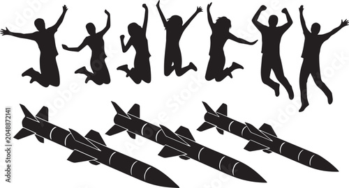 Tableau sur toile Silhouette set of a group of happy people jumping in celebration and military mi