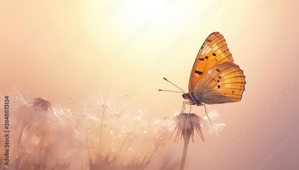 Naklejka premium Sunlit pastel background featuring morpho butterfly and shimmering dew on dandelion seeds copy space