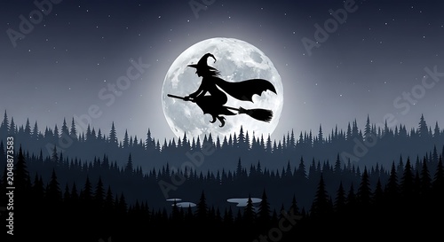 Halloween witch flying on broomstick under full moon spooky night illustration
