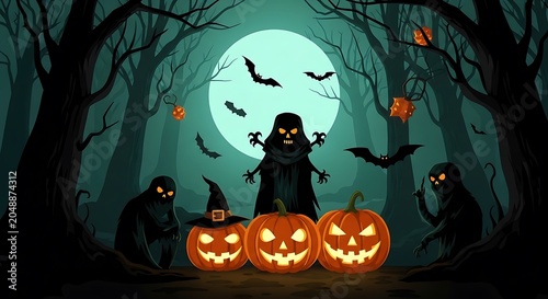 Spooky halloween scene with jack o' lanterns grim reaper and bats