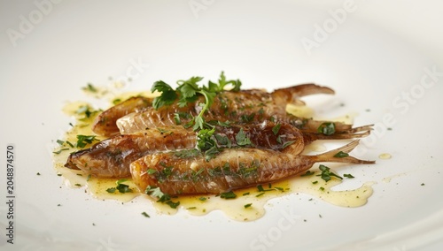 Succulent marinated anchovies garnished with parsley and light olive oil and vinegar drizzle on white surface