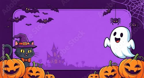 Halloween illustration spooky cats ghosts and pumpkins festive border design