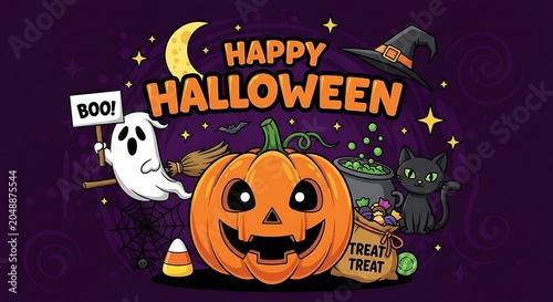 Happy halloween illustration ghost pumpkin witch hat candy for festive designs