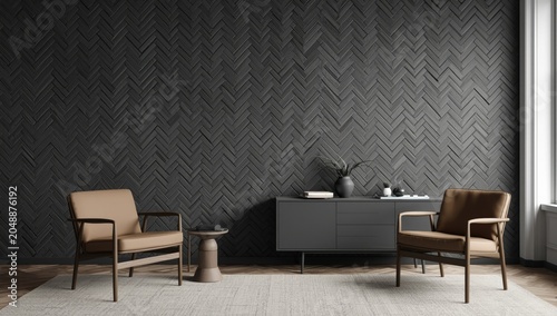 Elegant Scandinavian interior featuring textured herringbone wall panel in gray and taupe furniture pieces