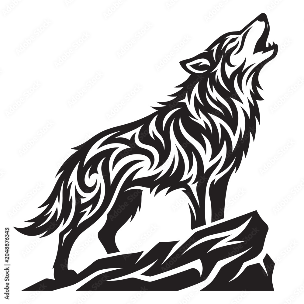 Fototapeta premium Stylized black wolf howling on rocky outcrop with tribal design elements in a graphic illustration