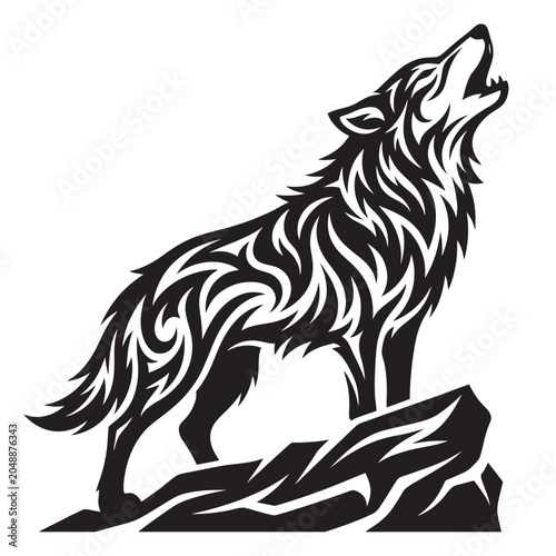 Obraz na płótnie Stylized black wolf howling on rocky outcrop with tribal design elements in a gr