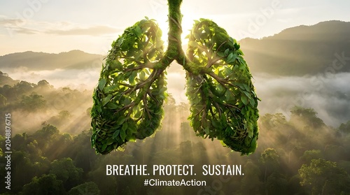 Conceptual illustration of green lungs made of trees in a misty forest landscape for climate action and environmental protection