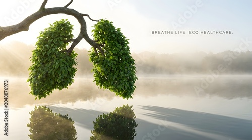 Conceptual representation of human lungs shaped from green tree foliage hanging over a serene misty lake symbolizing clean air and natural health