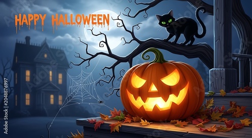 Spooky halloween scene jack o' lantern black cat and haunted house illustration