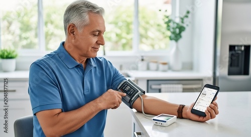 Senior Man Measuring Blood Pressure with Smartphone in Bright Home Kitchen