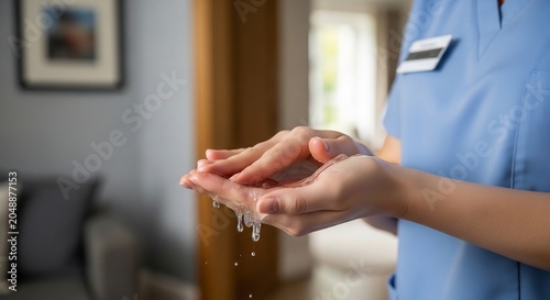 Healthcare Worker Applying Hand Sanitizer in Indoor Medical Setting