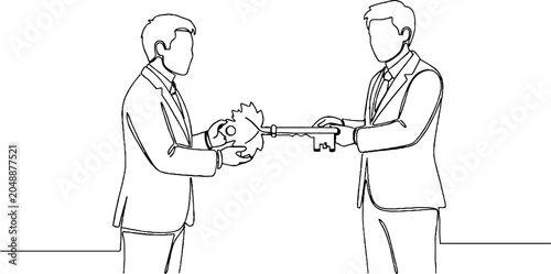 Businessmen shaking hands exchanging golden key symbolically.