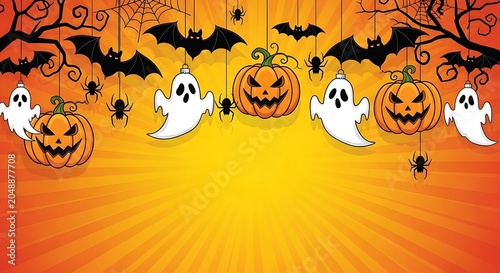 Festive halloween decorations jack o' lanterns ghosts bats and spiders