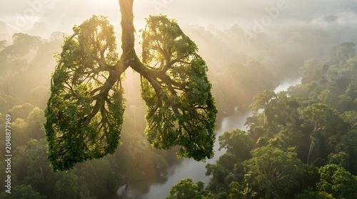 Conceptual illustration of green forest trees shaped like human lungs symbolizing Earth's oxygen, breathing, and environmental conservation