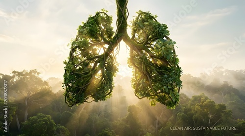 Conceptual representation of lush green tree canopy shaped like human lungs overlooking a sunlit forest landscape symbolizing environmental health