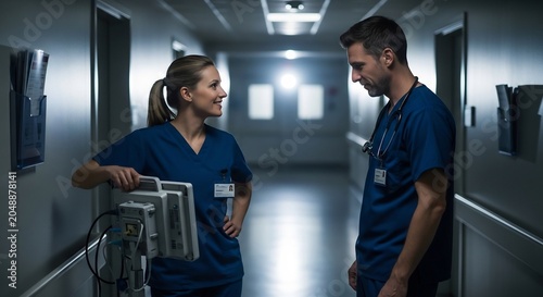 Two Friendly Medical Nurses Talking in Dim Hospital Hallway