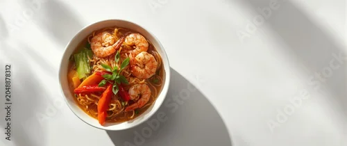 Obraz  z motywem Savory tom yum instant noodles with plump shrimp and vegetables displayed on a pure white background