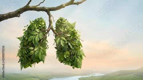 Green leaves shaped like human lungs hanging from a tree branch representing clean air and environmental health