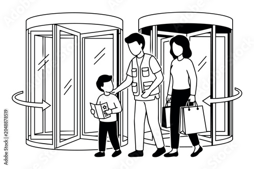 Family group featuring parents and child entering a store or shopping mall through revolving doors, carrying shopping bags