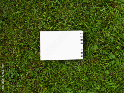 Konstfotografi Top view of open blank spiral notebooks on green grass background, surrounded by sketching markers, drawing pencils and artist supplies