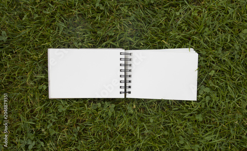 Konstfotografi Top view of open blank spiral notebooks on green grass background, surrounded by sketching markers, drawing pencils and artist supplies
