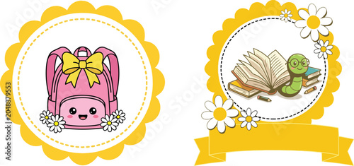 Cute back to school sticker badges set featuring a kawaii pink backpack with coquette bow and a friendly bookworm reading books inside yellow scalloped frames.