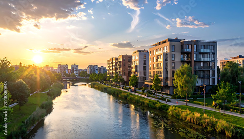Modern apartment buildings lining a river at sunset, warm golden light illuminating the cityscape and casting reflections on the water