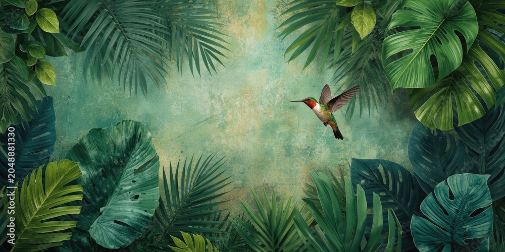 Fototapeta premium Tropical foliage and hummingbird themed wallpaper with textured botanical backdrop