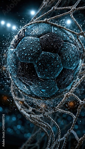 Slow motion football flying through the air toward a goal during heavy rain, droplets sparkling under powerful stadium lights, the net beginning to bend from impact