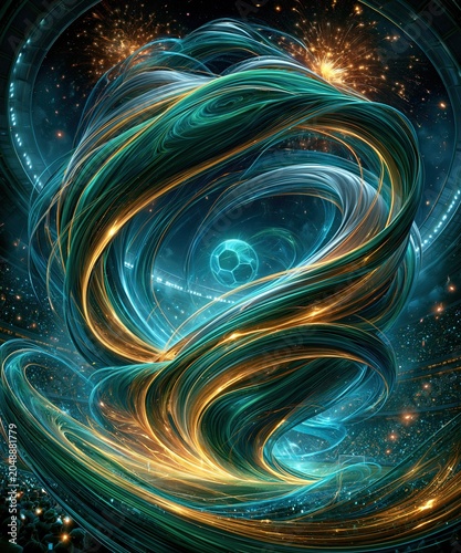 Gigantic abstract celebration scene inside a modern stadium, flowing ribbons of green, blue, gold and silver light spiraling upward from the field into the night sky, fireworks bursting