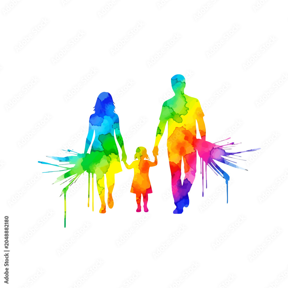 Obraz premium A colorful watercolor silhouette of a family walking together on white background