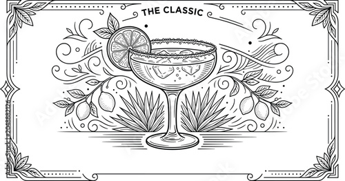 Hand Drawn Classic Margarita Cocktail Vector Label Set Classic Margarita Cocktail Vector Label Set with Recipe Ingredients Agave Plants Filigree Border and Vintage Menu Line Art Graphic Illustration