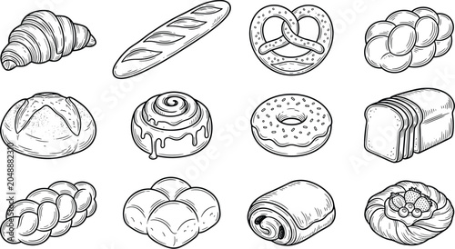 Hand Drawn Bakery and Fresh Bread Vector Icon Set Featuring Croissant Baguette Pretzel Cinnamon Roll Donut Loaf and Pastry Line Art Graphic Illustration