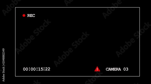 Cctv security camera recording overlay with digital timecode, red rec indicator, and warning symbol for authentic surveillance simulation and cinematic suspenseful editing projects