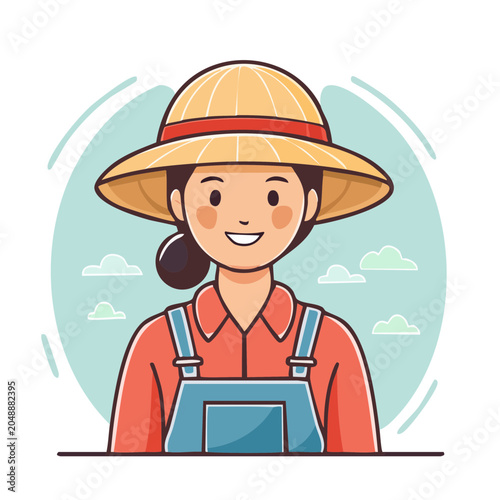 Cartoon farmer woman wearing straw hat and overalls