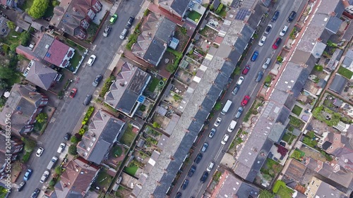 Top down view of semi-detached housing and suburban streets, England