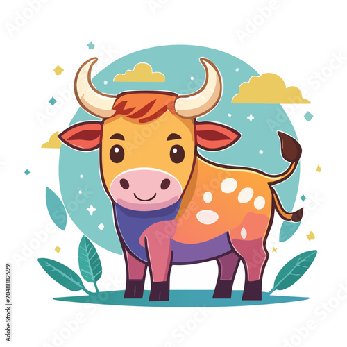 Cute cartoon bull illustration with clouds and stars