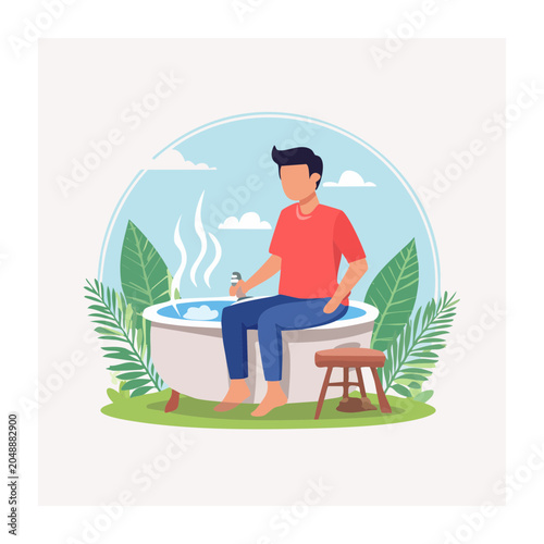 Man relaxing in a bathtub with steam and plants