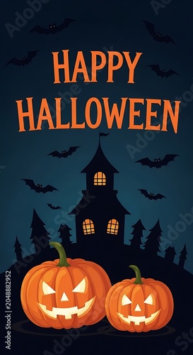 Happy halloween illustration jack o' lanterns haunted house and bats festive design