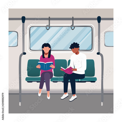 Two people reading books while sitting on a train