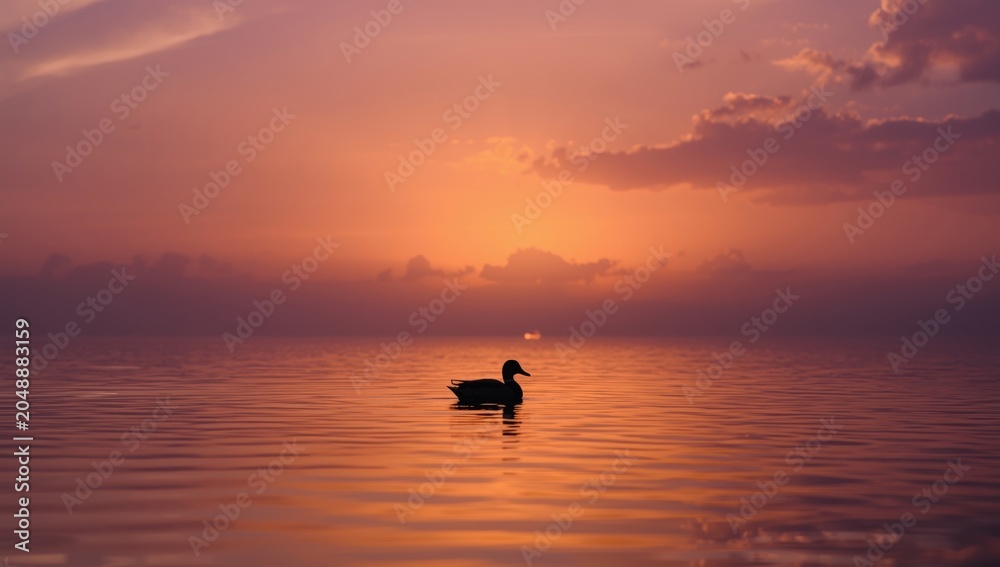 Fototapeta premium Serene sunset backdrop with isolated mallard duck silhouette on lake