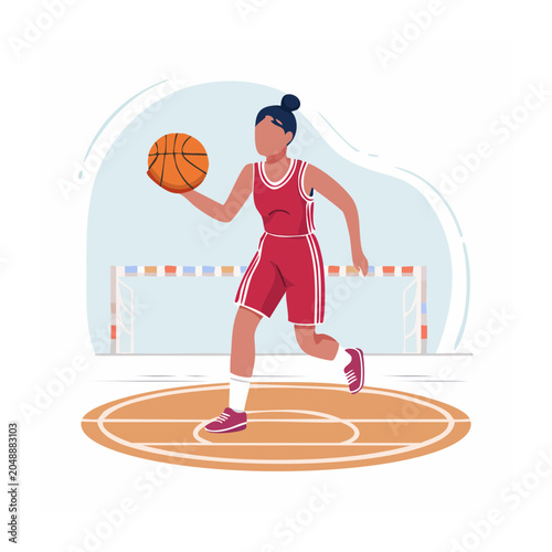 Woman playing basketball on court in flat design style