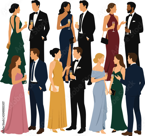 Elegant Gathering: A stylish assembly of elegantly dressed men and women in formal attire mingle at a sophisticated event, holding champagne flutes.